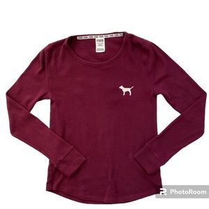 Victoria’s Secret Pink Long Sleeve Burgundy Maroon Waffle Shirt With Dog…